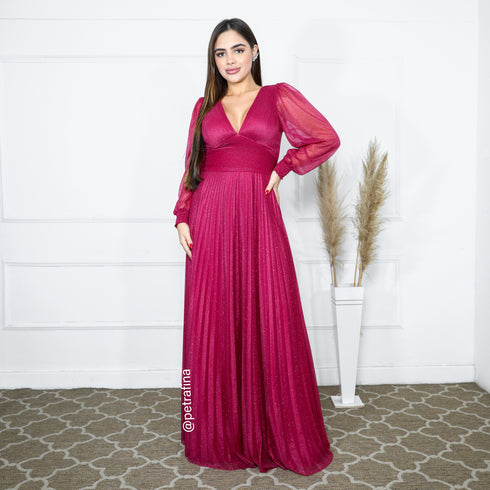 vestido manga longa plissado VESTIDO DE FESTA PETRA FINA FUCSIA M
